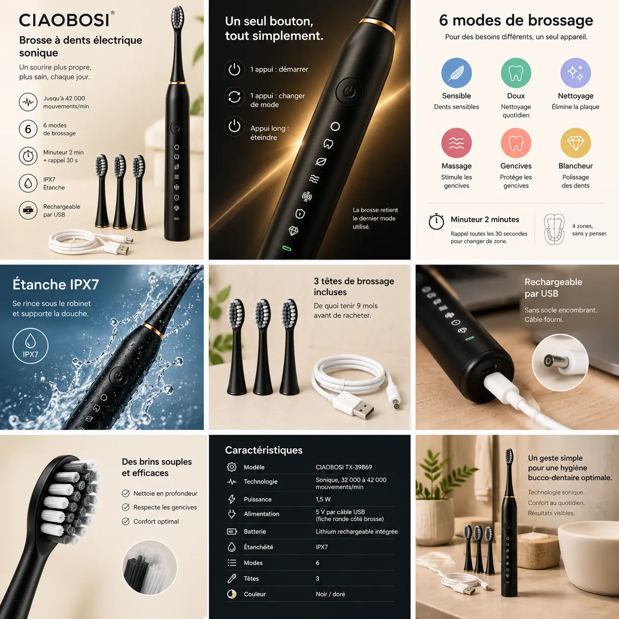 Caractéristiques : 6 modes, minuteur 2 min, IPX7, 3 têtes, rechargeable USB