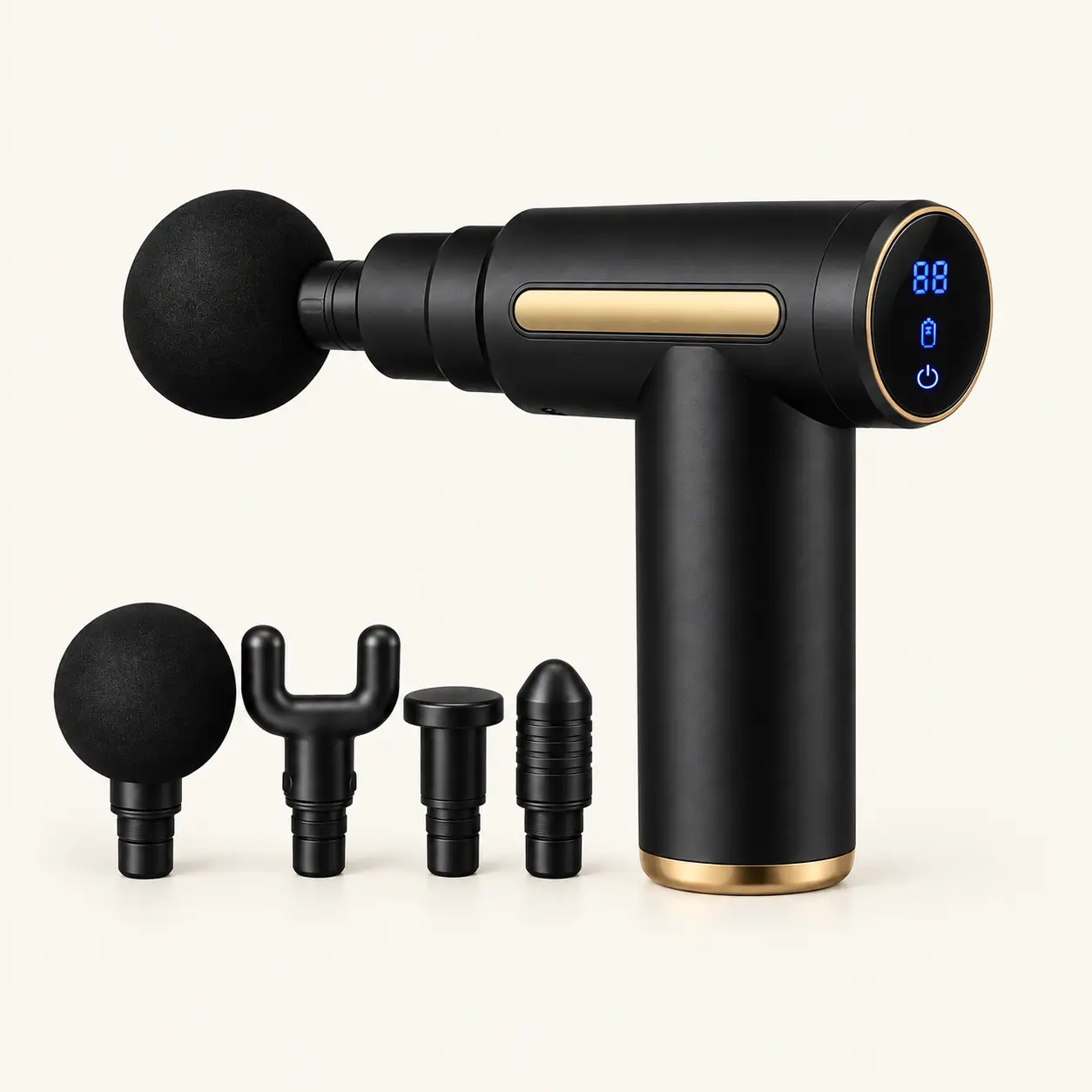 Pistolet de massage compact noir et doré YOUGOU KEJI YG-08168 — avec ses 4 têtes interchangeables